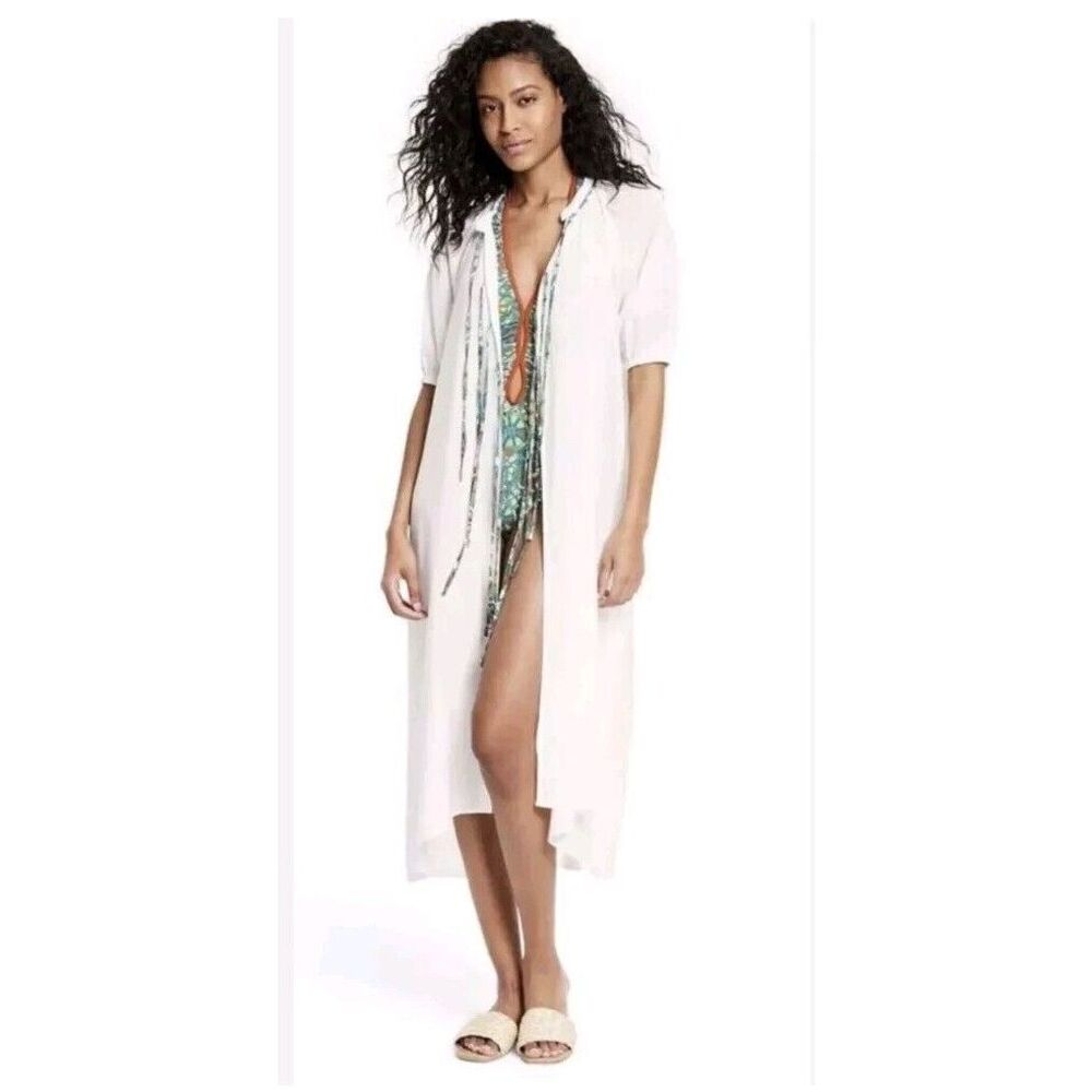 RHODE X Target Tie-Front Puff Sleeve Cover Up Dress, White/Green, Size XL‎ NWT